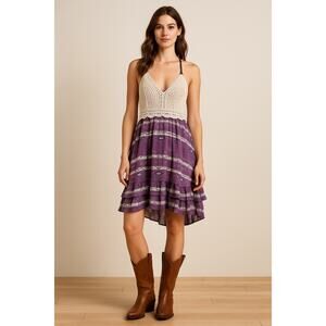 Shyanne Aztec Rodeo Crochet Top Dress M Tier Purple Cream Western Boho Festival